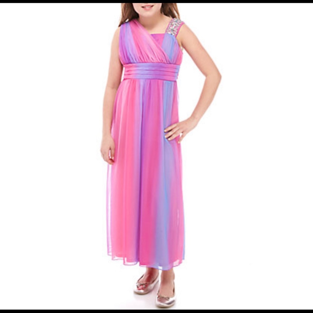 Girls Rainbow Stripe Chiffon Long Dress